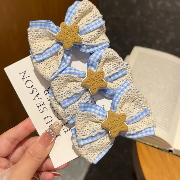 奶蓝色星星蝴蝶结网红蕾丝发夹女刘海侧边发卡发饰少女夹子
