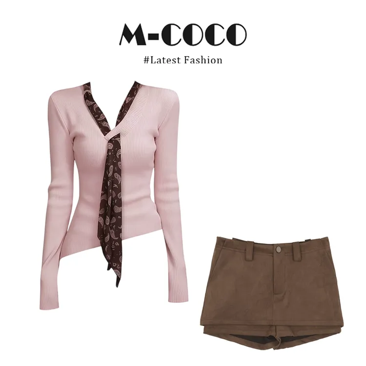 MARIE.COCO辣妹风穿搭粉色V领修身针织衫女秋冬季防走光A字半身裙