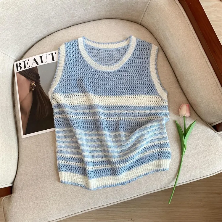 法式新品镂空针织条纹背心女夏季吊带叠穿马甲宽松无袖多巴胺上衣
