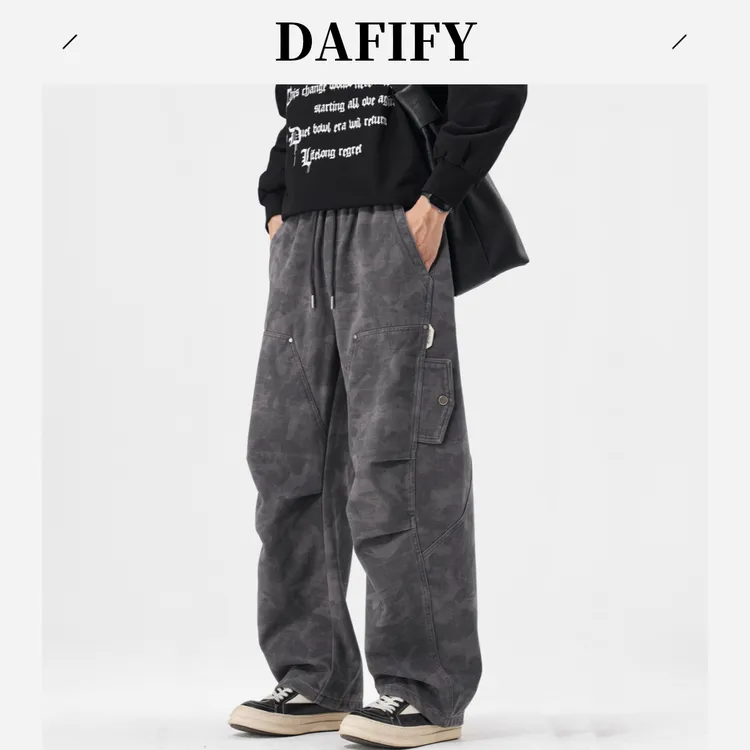 DAFIFY裤子迷彩美式复古男直筒工装裤宽松男男士加绒加厚松紧腰裤