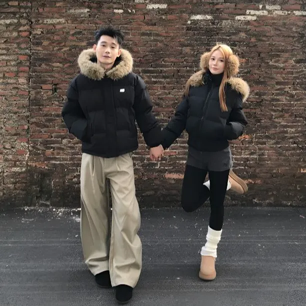 YYMDG冬季一长一短毛领连帽棉服收腰显瘦高级感棉衣座山雕外套