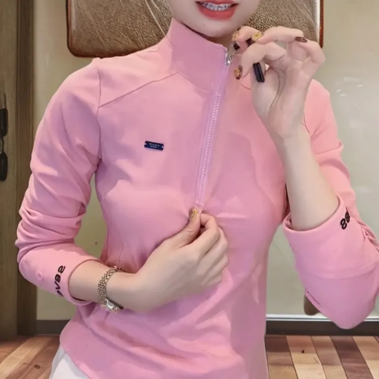 时尚常规长袖立领修身女拉链潮牌常规款T恤秋冬休闲减龄糖果色女