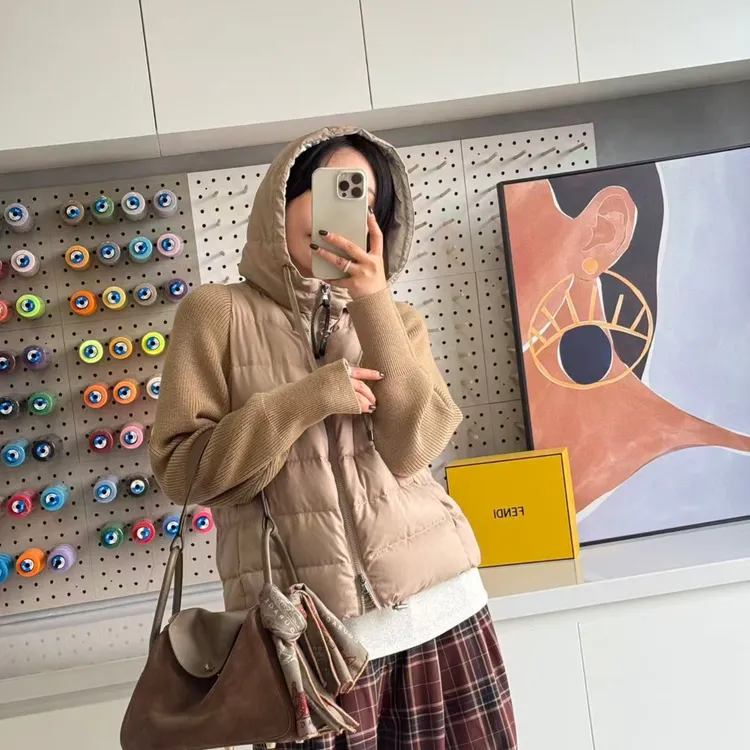 PENNYPENG 暖冬炉火 秋冬新款静奢风羊毛针织拼接保暖连帽鹅绒服