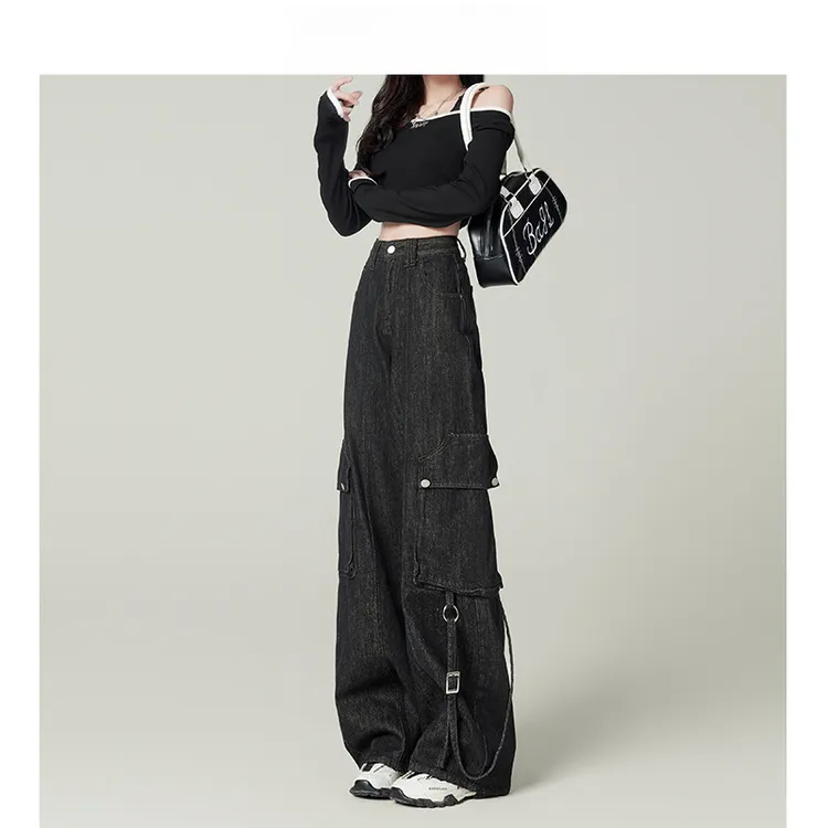 设计感复古黑色工装牛仔裤女2025夏新款高街辣妹高腰宽松阔腿裤子
