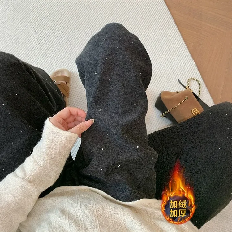 深灰色闪亮烫钻阔腿裤女冬季新款高腰宽松显瘦加绒加厚休闲糯米裤