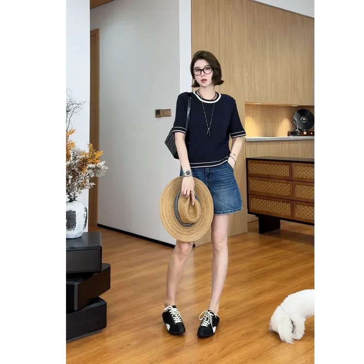 YYOUHAN 2025新款【韵律织纹】极简撞色圆领针织T恤上衣 2507C4007