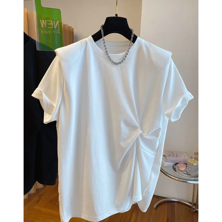 2025新款宽松扭结设计感t恤女短袖欧货大版纯棉垫肩打底衫上衣夏