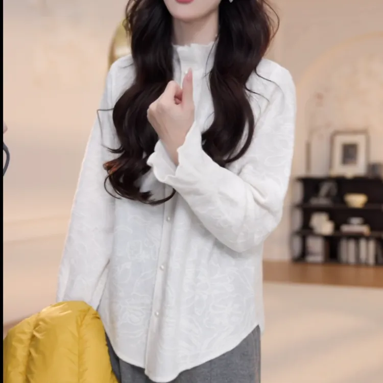 秋冬新款气质上衣休闲百搭复古提花白衬衫长袖打底衫LK2508645