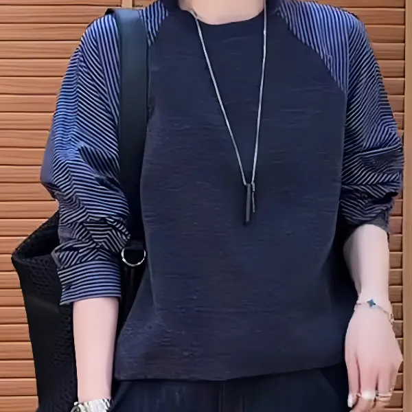 深灰色条纹拼接圆领卫衣女秋季大码胖MM显瘦宽松百搭减龄洋气上衣