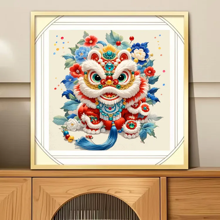 美初十字绣福瑞红狮醒狮简单卡通小图抱枕图线绣手工新手