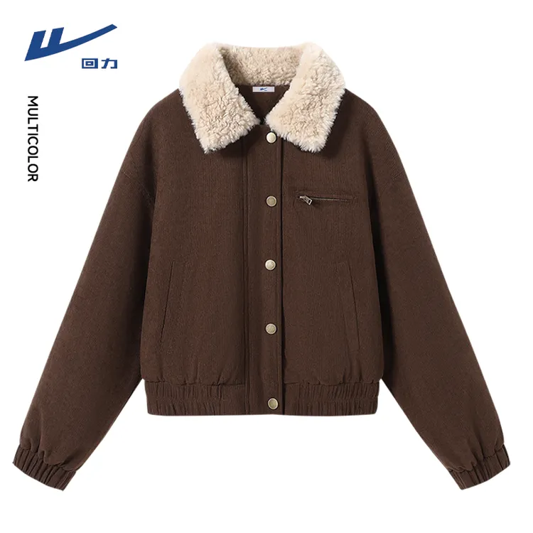 回力美式复古灯芯绒外套女秋冬仿羊羔毛翻领棉衣工装夹克上衣洋气