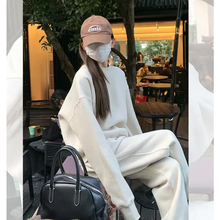 高级感网红秋冬加绒加厚卫衣套装女休闲欧货炸街运动服两件套洋气