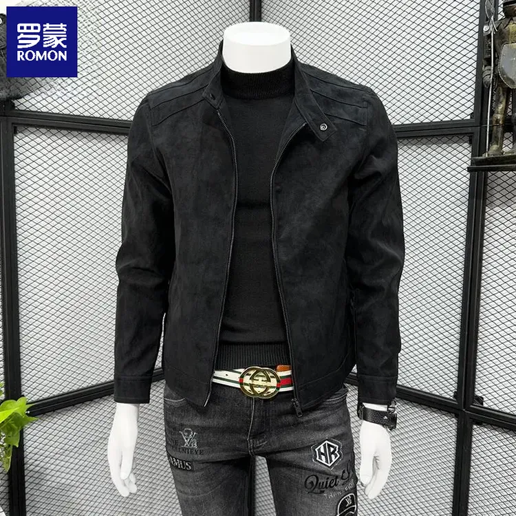 罗蒙仿麂皮绒皮衣男春秋冬季立领修身加厚休闲爆款加绒皮夹克外套