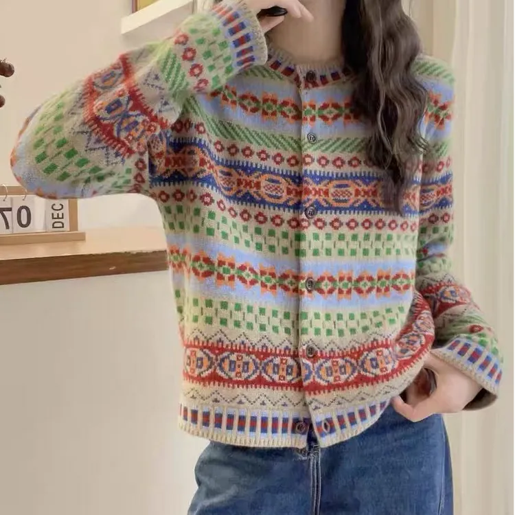 费尔岛复古民族风提花单排扣圆领针织开衫秋冬新款女毛衣外套洋气