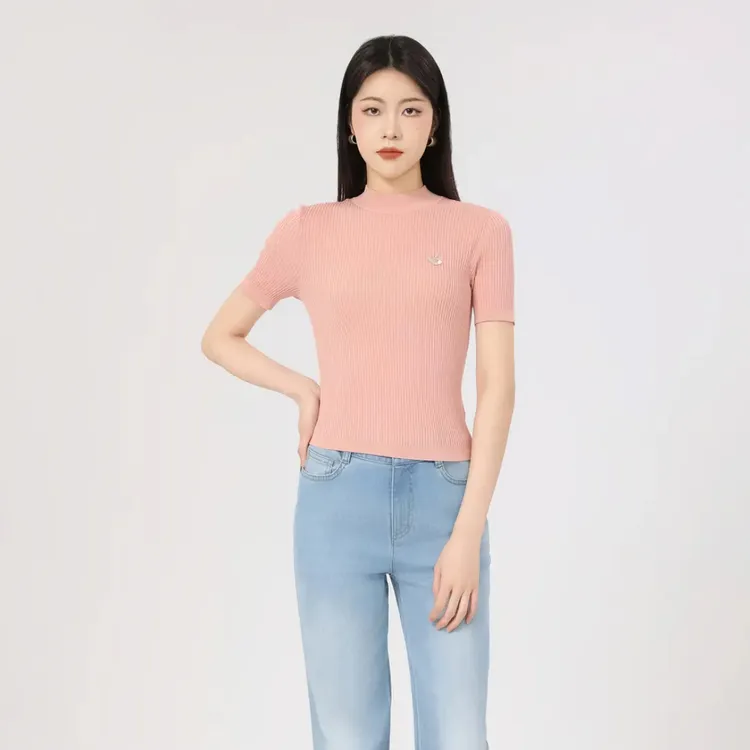 哥弟女装夏季百搭修身粉色短袖显瘦针织小粉色修身夏季针织上衣