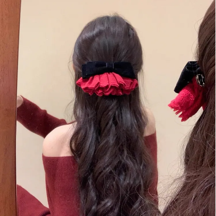 圣诞新年氛围感红色丝绒蝴蝶结发夹女弹簧夹发饰千金感半披发发饰
