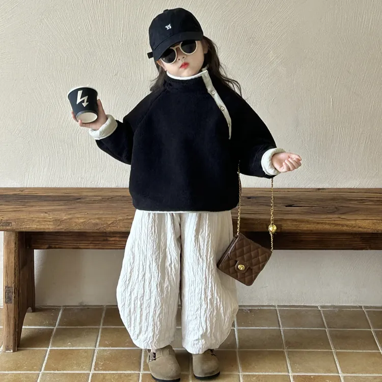 女童设计感斜扣外套2024冬季新款女宝宝韩版时尚毛毛卫衣加厚长裤