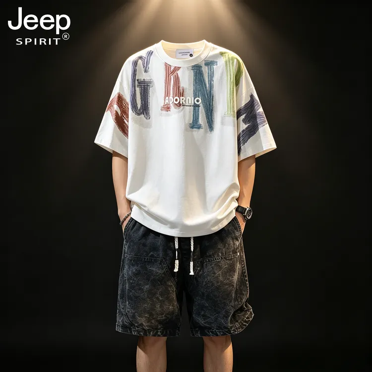 JEEPSPIRIT吉普套装夏季新款运动休闲两件套男士大码宽松短袖短裤