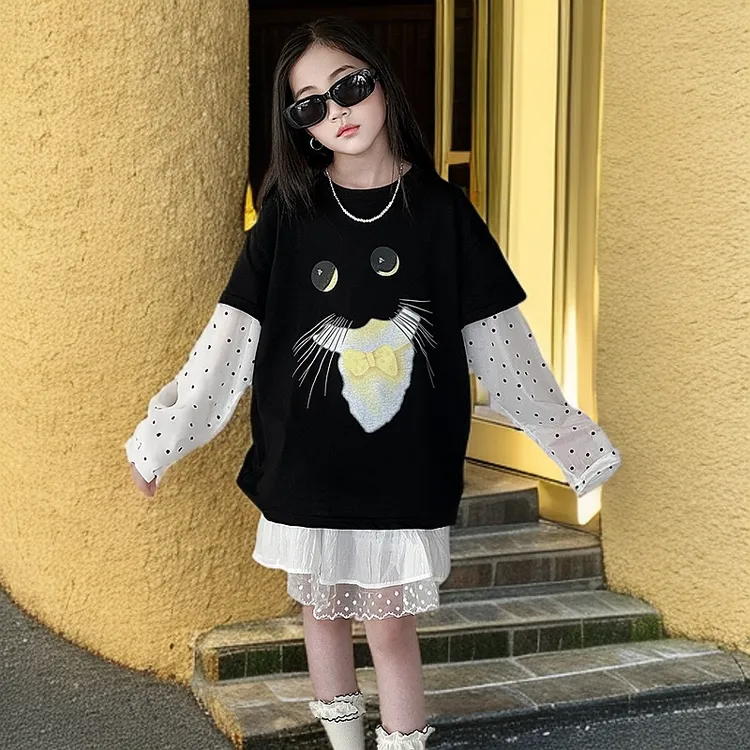 女童夏季防晒T恤2025新款女孩中大童宽松圆领假两件长袖上衣洋气