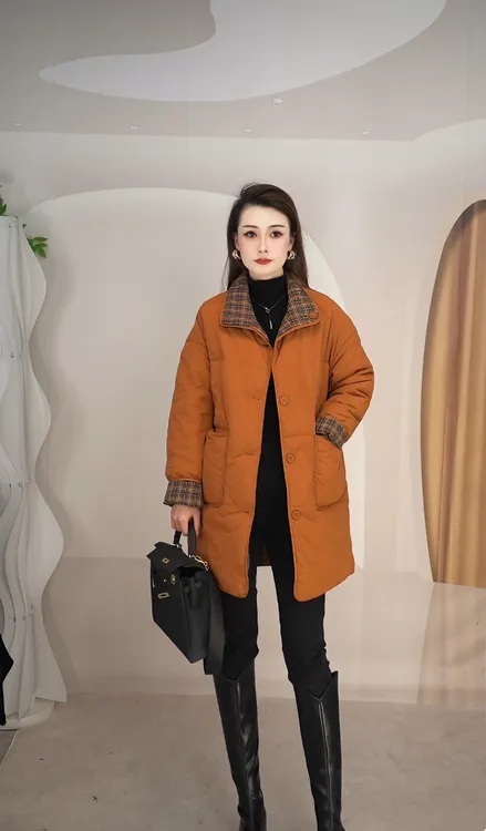 2025正反两面穿格子棉服女冬新款撞色设计宽松休闲中长款加棉保暖