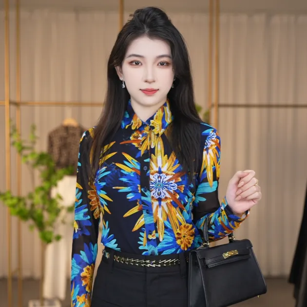 【商场同款】女装夏季新款百搭显瘦修身印花网纱长袖衬衫1300782