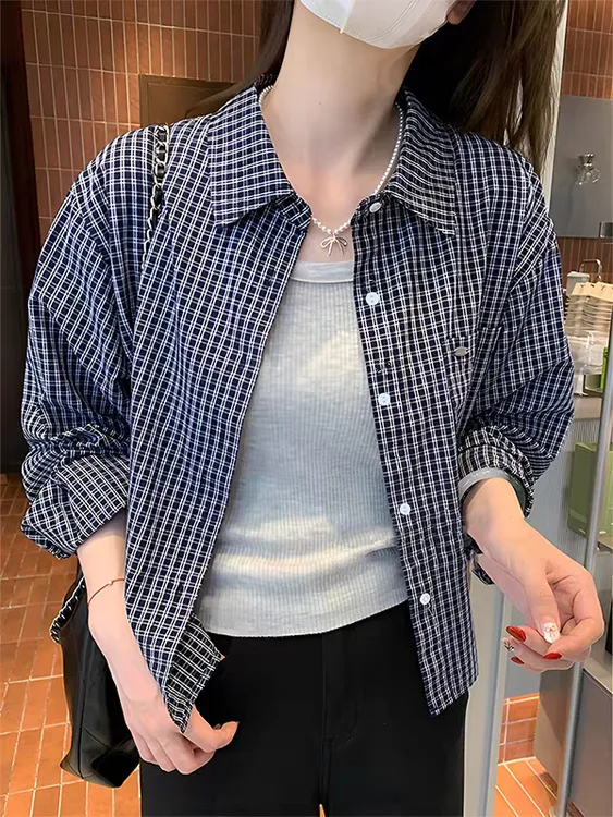 法式复古小个子短款格子衬衫女2025年秋季新款网红洋气炸街女装