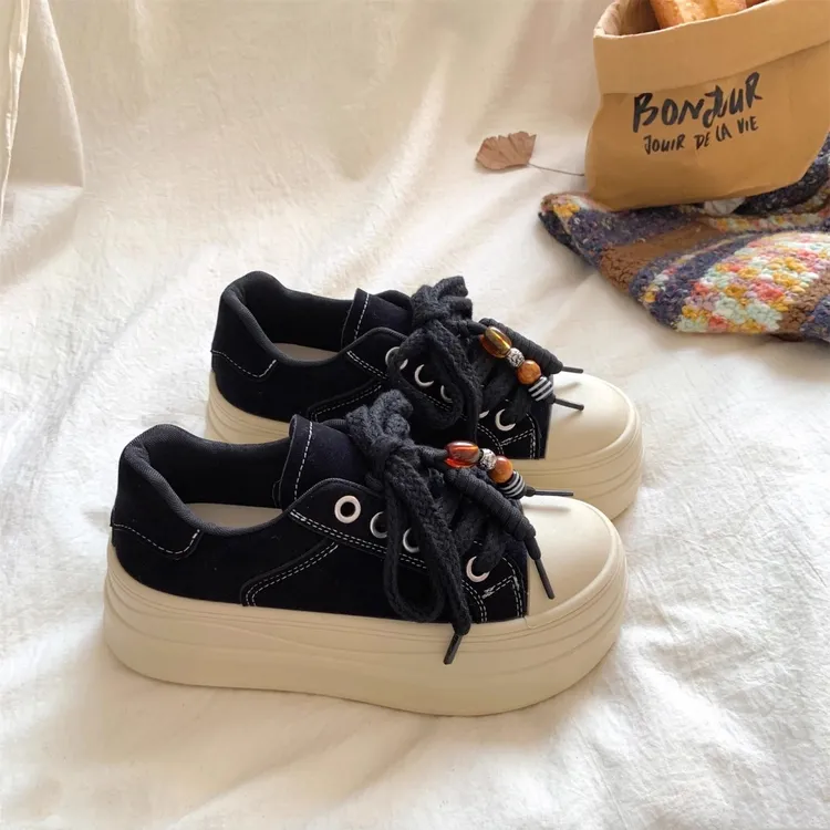 复古串珠厚底板鞋女2025秋冬新款百搭休闲鞋面包增高运动鞋松糕鞋