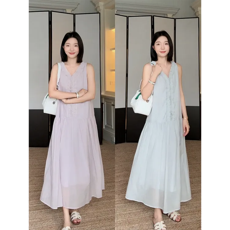 郭九九呢 棉质法式优雅荷叶边v领宽松显瘦无袖连衣裙 G925Z09391