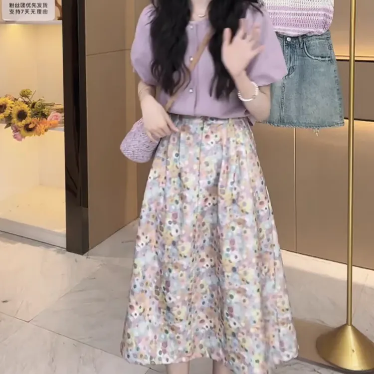 法式温柔甜美泡泡袖上衣配碎花长裙套装显瘦两件套