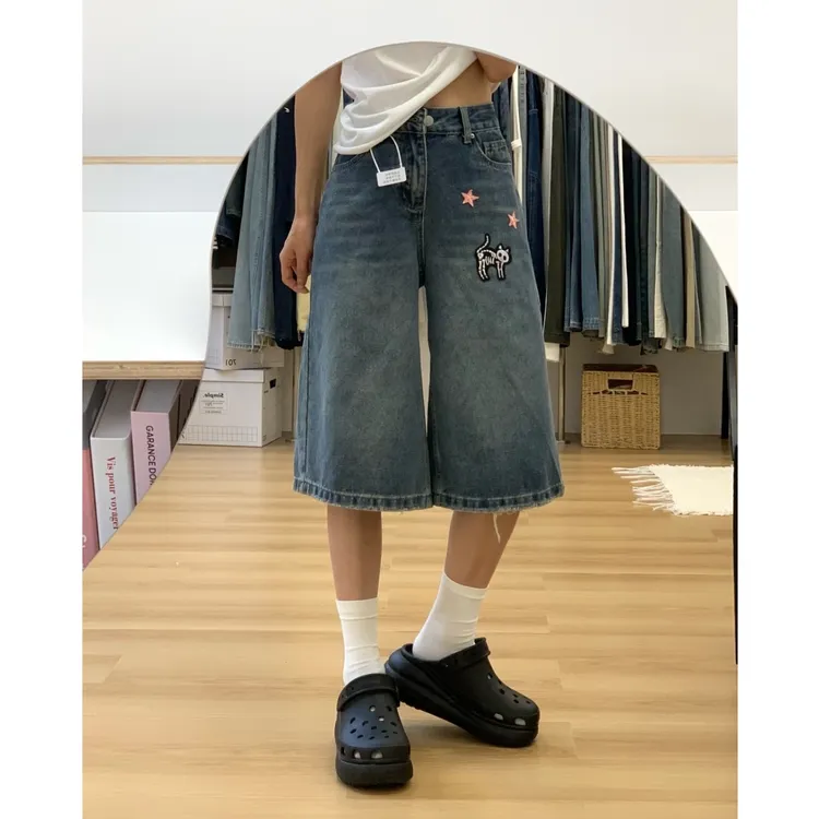 美式水洗刺绣宽松直筒七分裤女2025夏季新款休闲高腰破洞阔腿裤子