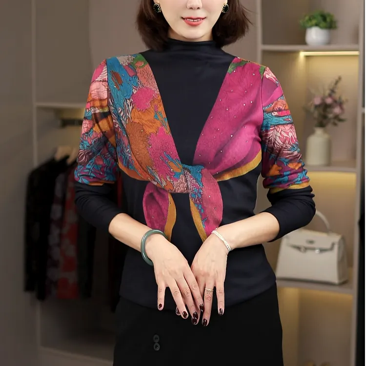  6615秋季新款拼色印花长袖半高领百搭洋气时尚显瘦修身打底衫女