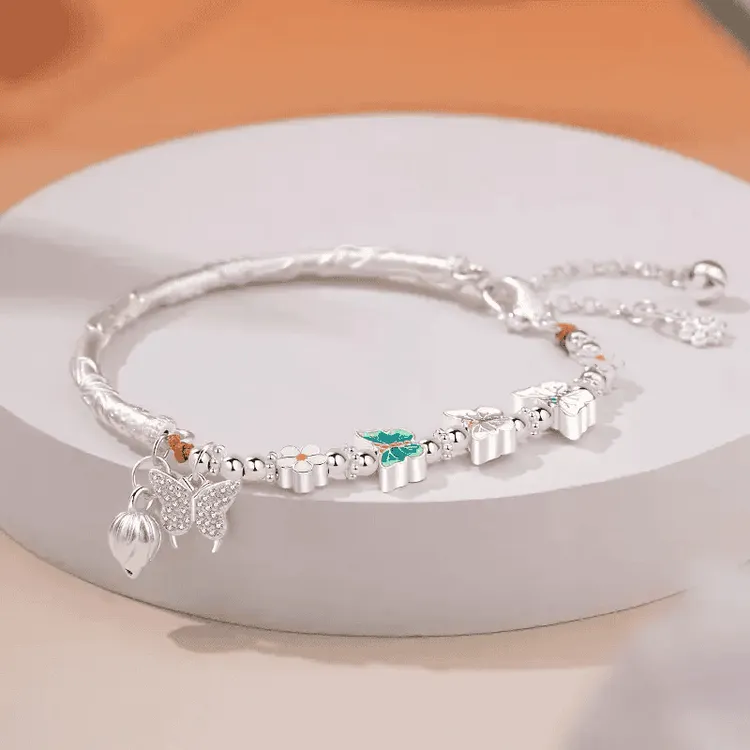 足银手镯 纯银999半镯半链女好运莲莲蝶舞手镯情人节520气质