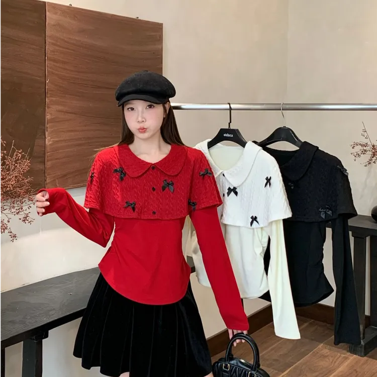 2025新款胖mm大码女高级感娃娃领斗篷圣诞叠穿假两件上衣A2746