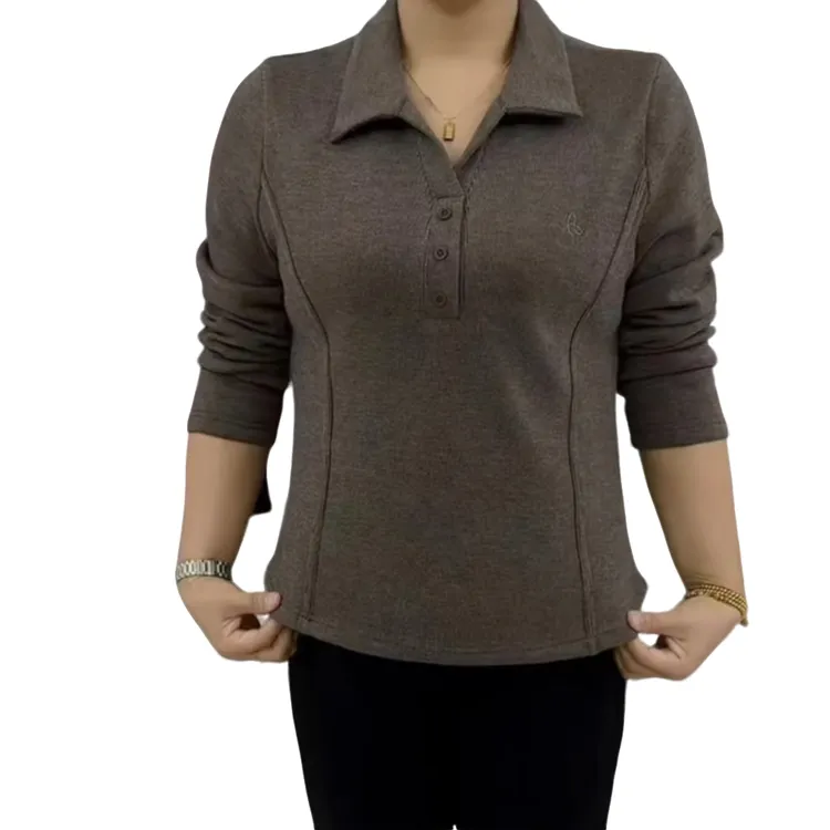 新款纯色加绒翻领小衫休闲显瘦