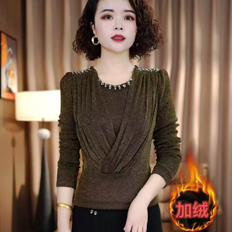 【现货】气质钉珠蕾丝圆领加厚中年印花法式春装小衫亮丝打底衫