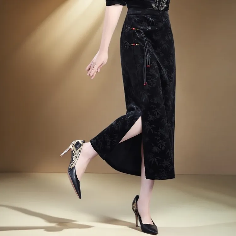 高腰加绒加厚提花新中式国风开叉保暖秋冬半身裙时尚晚宴场合女装
