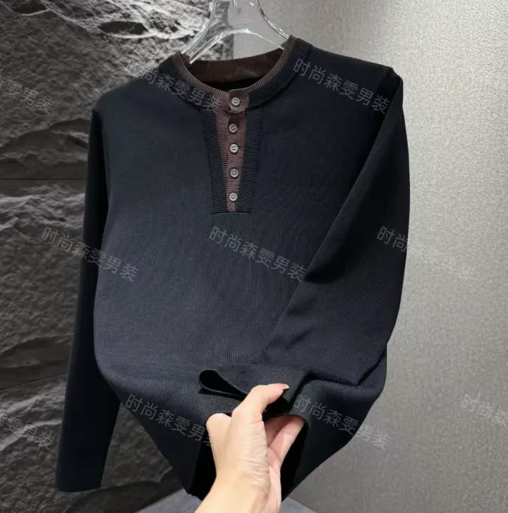 秋季新款针织衫修身撞色长袖男士休闲纽扣毛衣6858