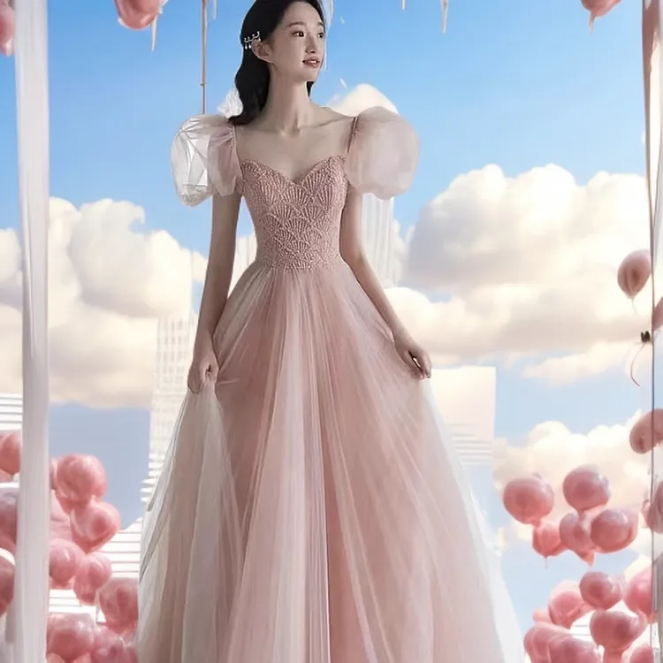 粉色仙女晚礼服裙女轻奢高级感敬酒服成人礼宴会法式主持艺考2025