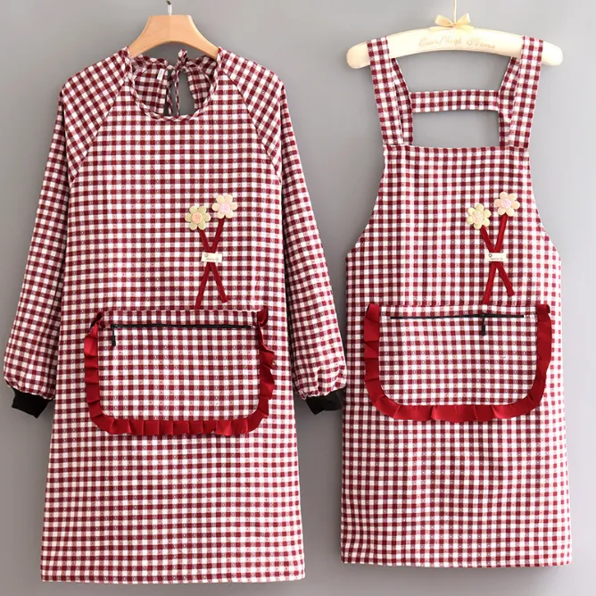 围裙家用棉布厨房长袖罩衣女洋气工作服耐脏透气上班干活做饭新款