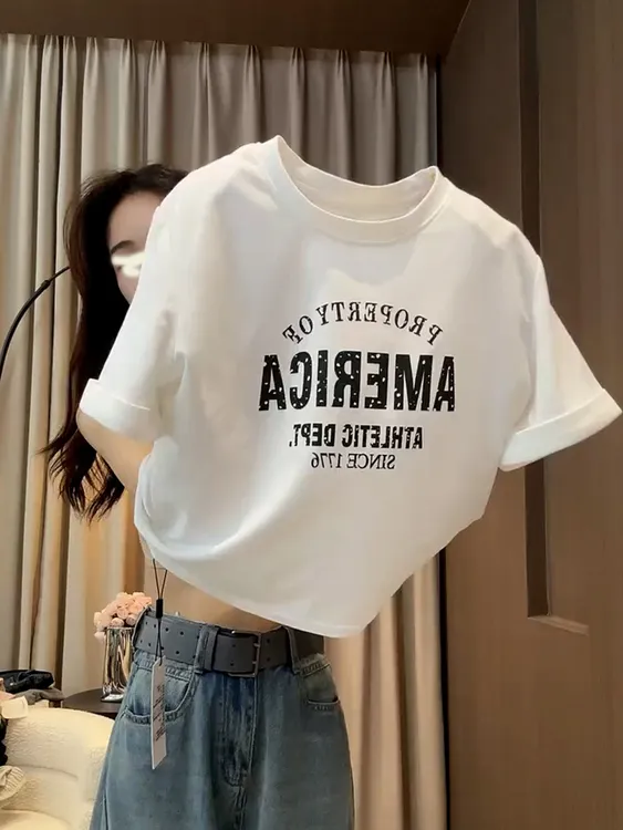 2025夏季设计感小众洋气减龄上衣独特别致绝美白色字母印花T恤女