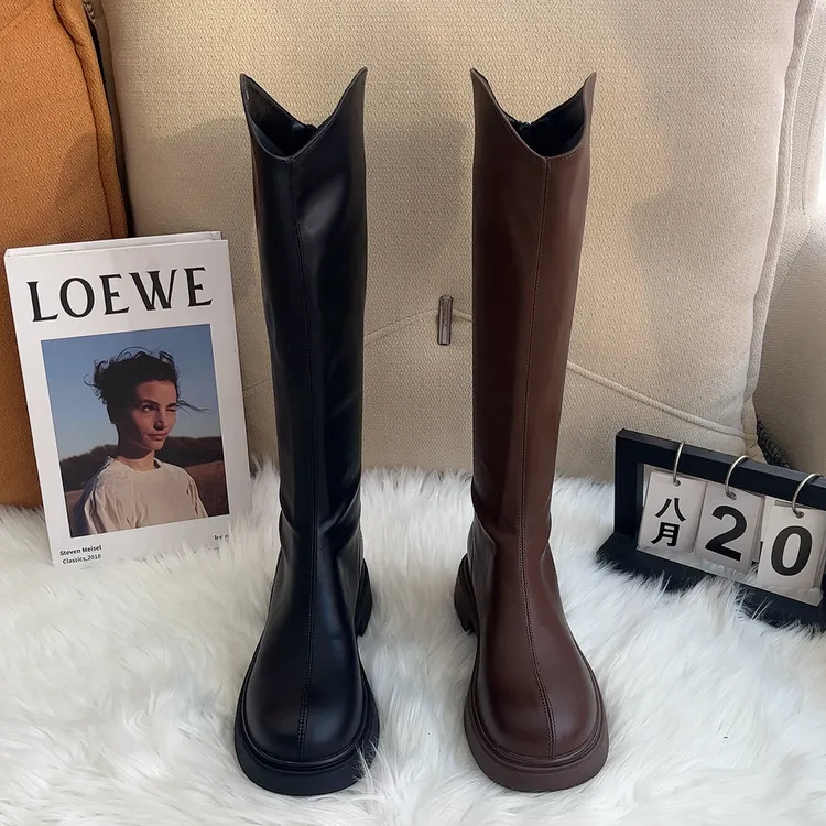 时装靴棕色中筒靴女鞋百搭厚底瘦瘦靴粗跟时尚长靴V口显瘦百搭