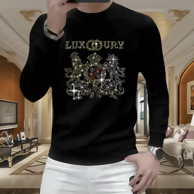 圆领潮流新款烫钻时尚男士长袖休闲百搭修身卫衣秋冬套头帅气外套