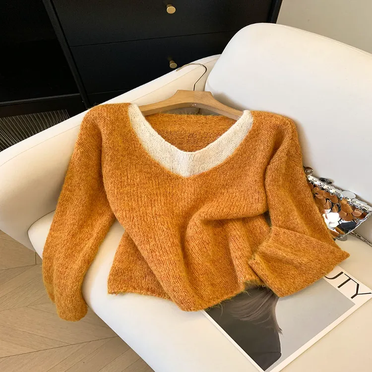 韩系温柔风拼接假两件长袖针织衫女2025秋冬新款甜美减龄毛衣上衣