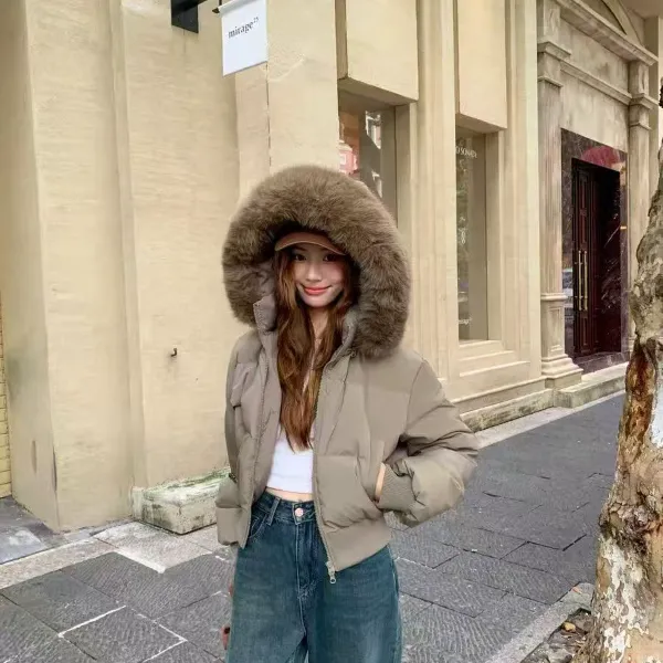 551211#收腰大毛领羽绒服2025年短款90白鸭绒加厚小个子