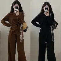 【涵胖胖】胖mm大码女高级感丝带圆领长袖上衣阔腿裤套装22933【B】