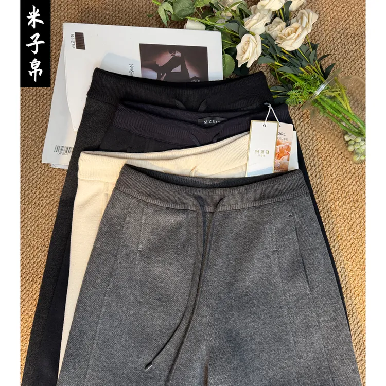 L桑蚕丝羊毛直筒裤2025冬新款中高腰显瘦休闲加绒加厚阔腿女裤