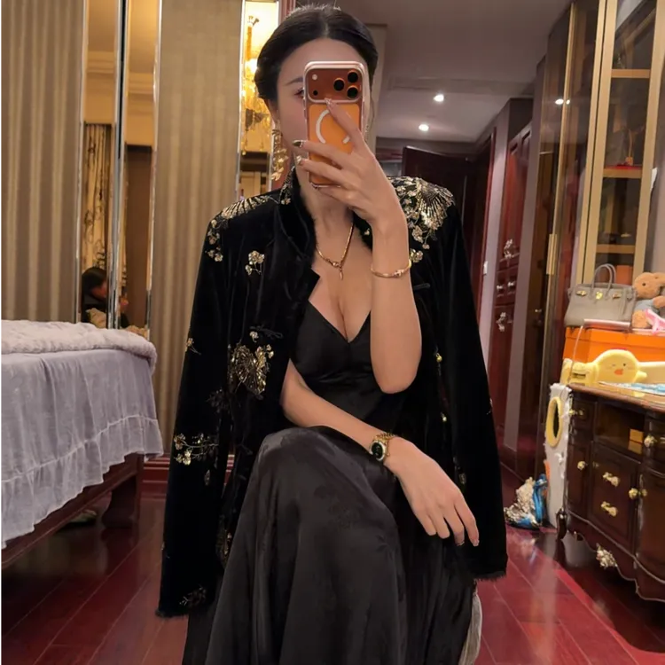 魏元高定/新中式国风金伞手工盘扣修身水貂丝绒保暖秋冬棉服-1084