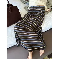 慵懒垂感撞色条纹针织半身裙女秋季新款高腰抽绳显瘦直筒长裙
