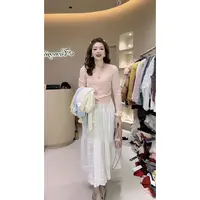 涵儿家 春季V领蕾丝拼接细闪针织衫VS松紧镂空绣花蕾丝拼接小白裙