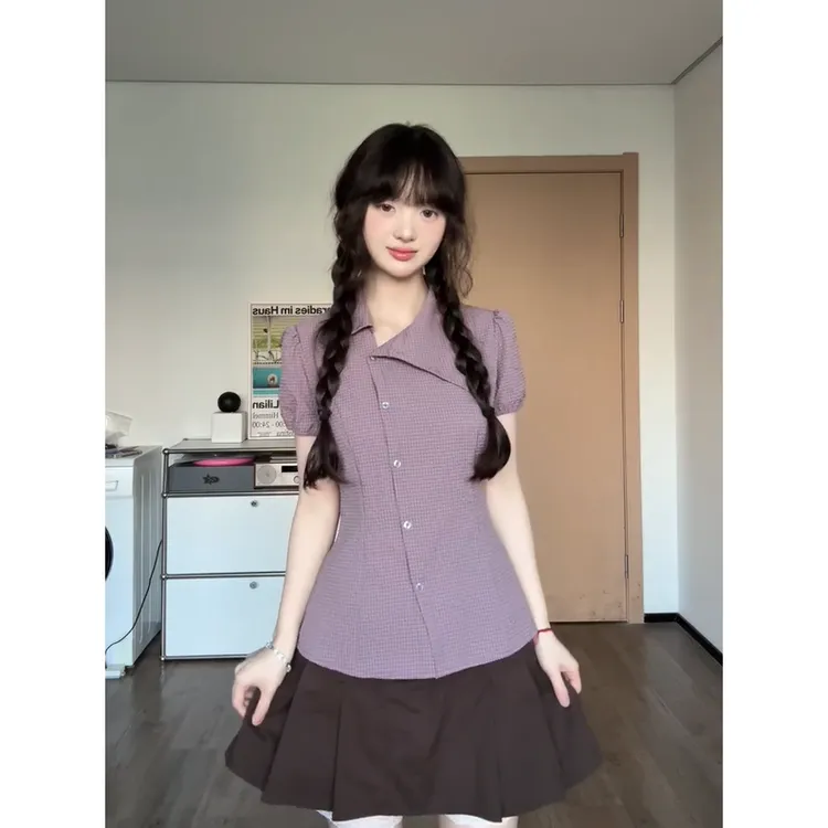 紫色格子polo领正肩短袖衬衫女夏夏季修身短款收腰衬衣不规则上衣